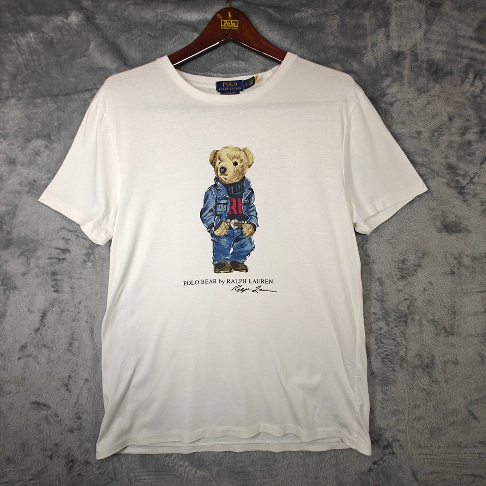 Polo Ralph Lauren T-Shirt Mens Large White Polo Bear Custom Slim Fit Graphic